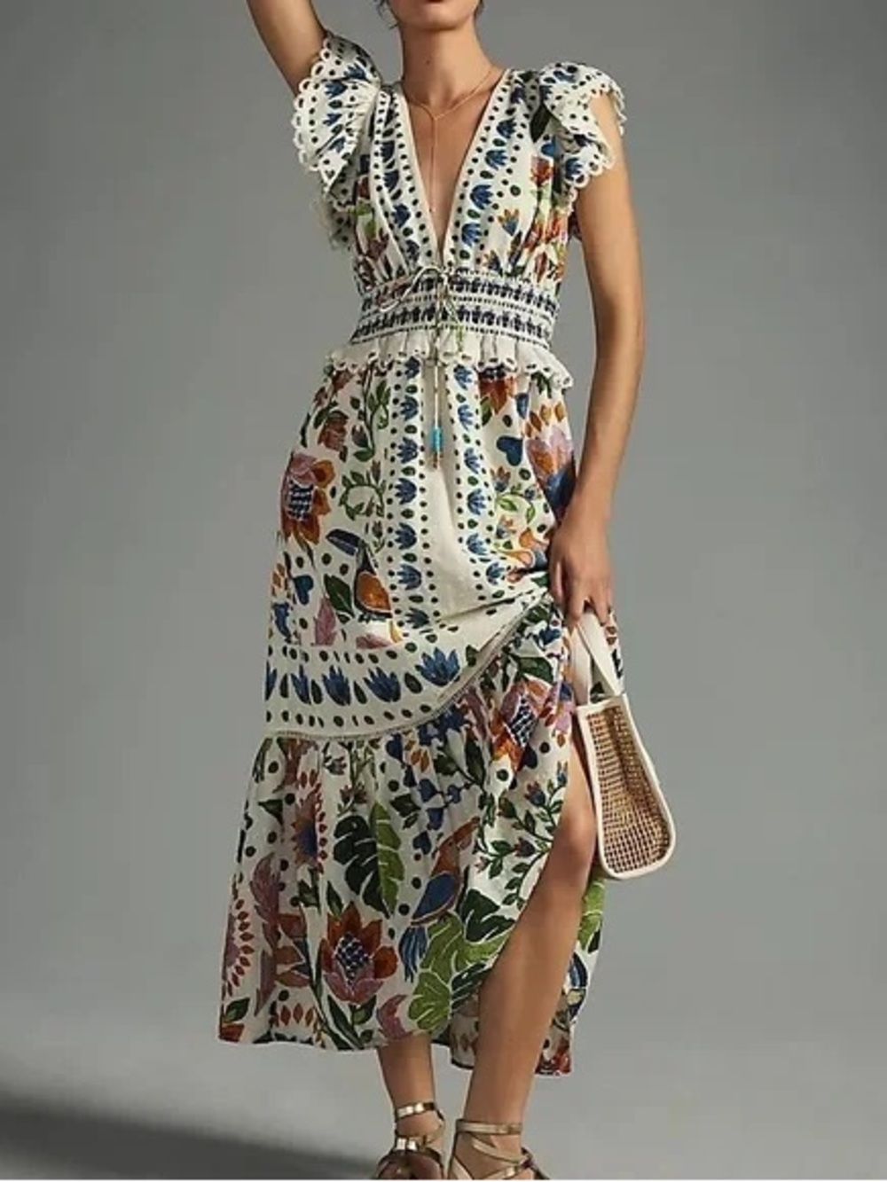 Farm Rio Floral Midi Dress Large Boho Ruffle Lace Smocked Waist Vacation Large
